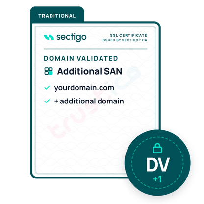 A graphic showing the Sectigo® DV + Multi Domain - Additional SAN SSL certificate from Sectigo CA, featuring support for multiple domains with subject alternative names (SAN) such as yourdomain.com and another domain, labeled as traditional. Icons represent enhanced security and multi-domain capability.