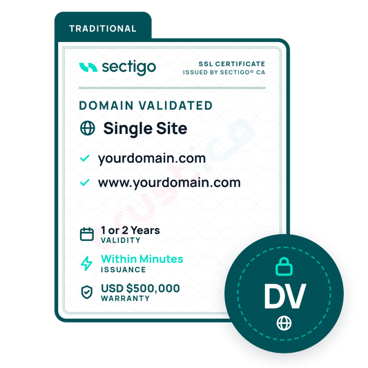 Sectigo® DV Single Site certificate graphic for a single site from Sectigo CA, displaying validation coverage for yourdomain.com and www.yourdomain.com, with rapid issuance and a $500,000 USD warranty. The DV Single Site SSL is highlighted in a circle to underscore fast and simple security for your domain.